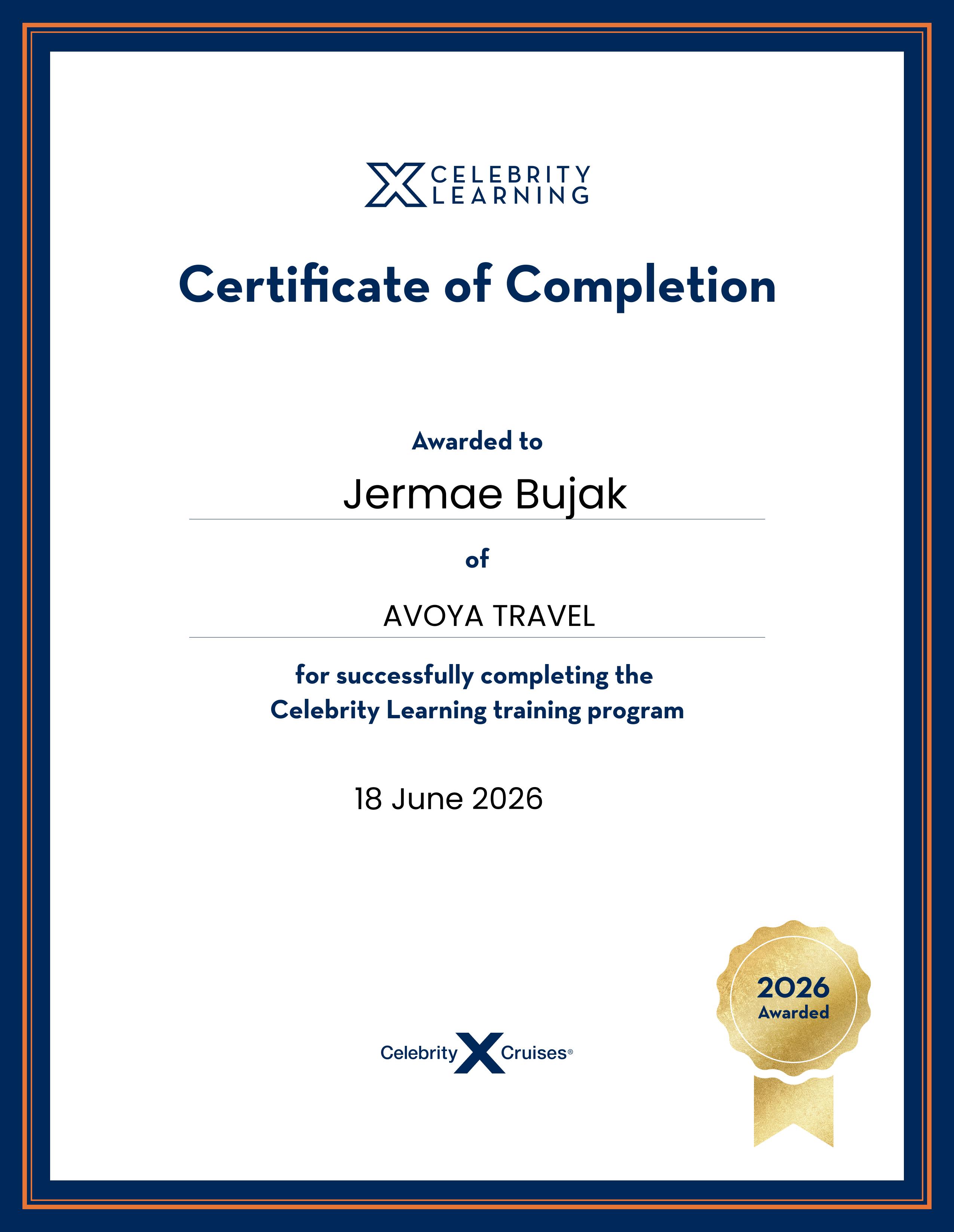 Celebrity Cruises certification for Jermae Bujak