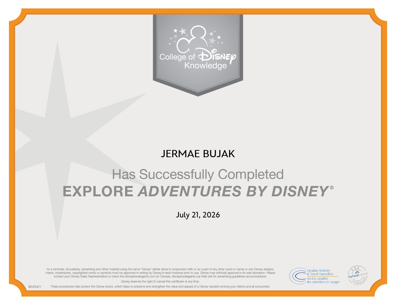 Explore Adventures by Disney certification for Jermae Bujak