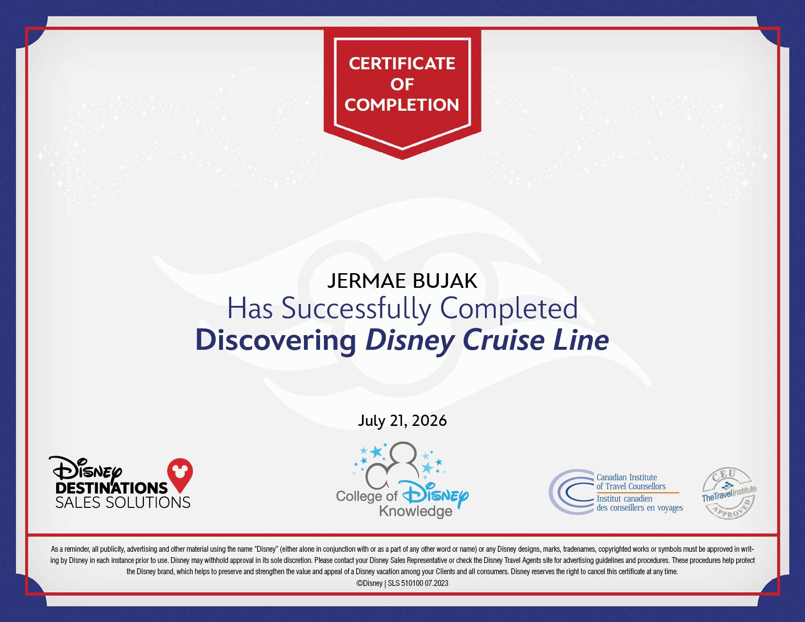 Disney Cruise Line certification for Jermae Bujak