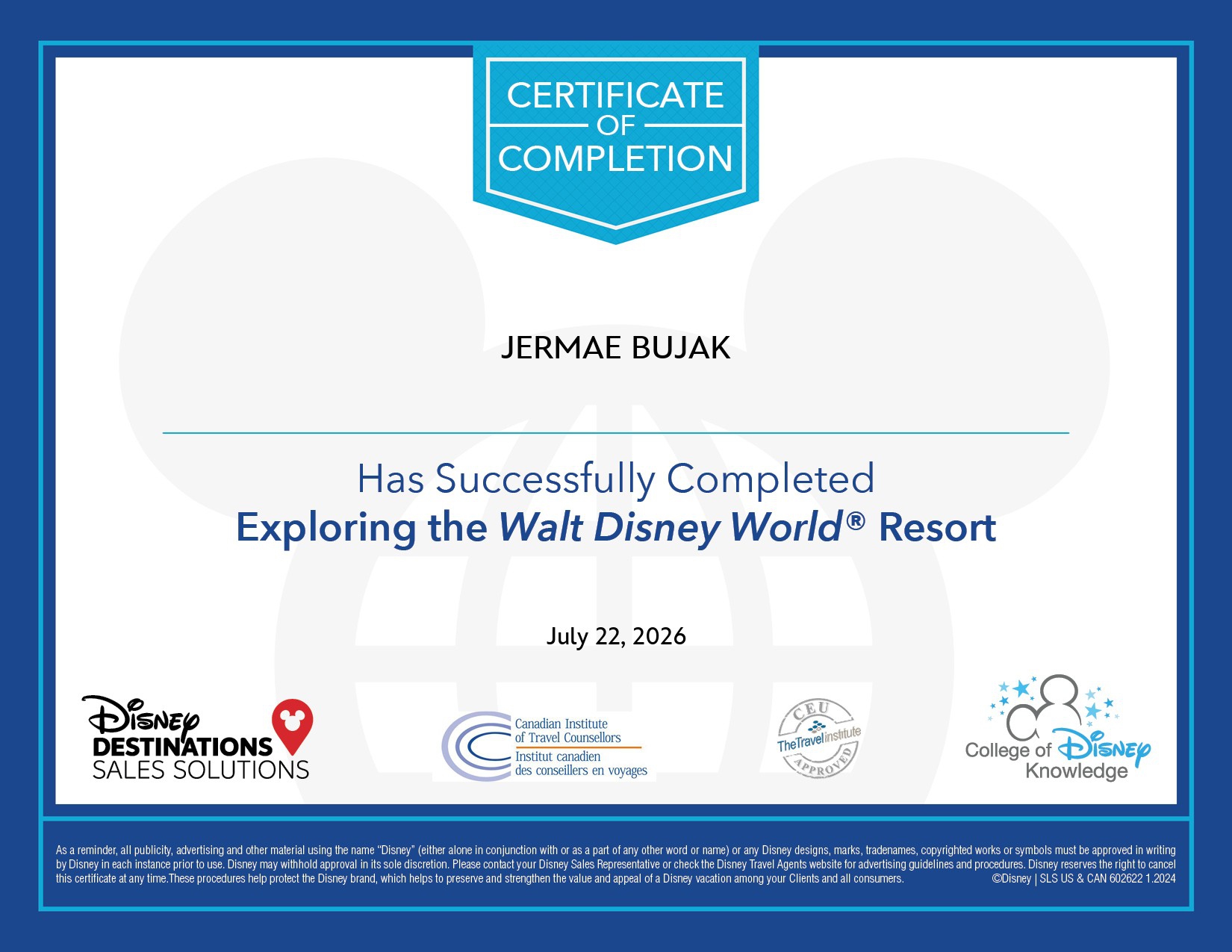 Disney World certification for Jermae Bujak