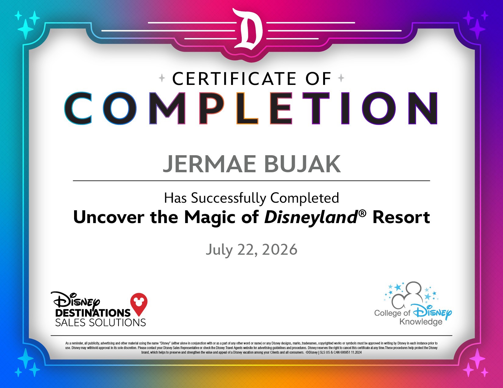 Disneyland certification for Jermae Bujak