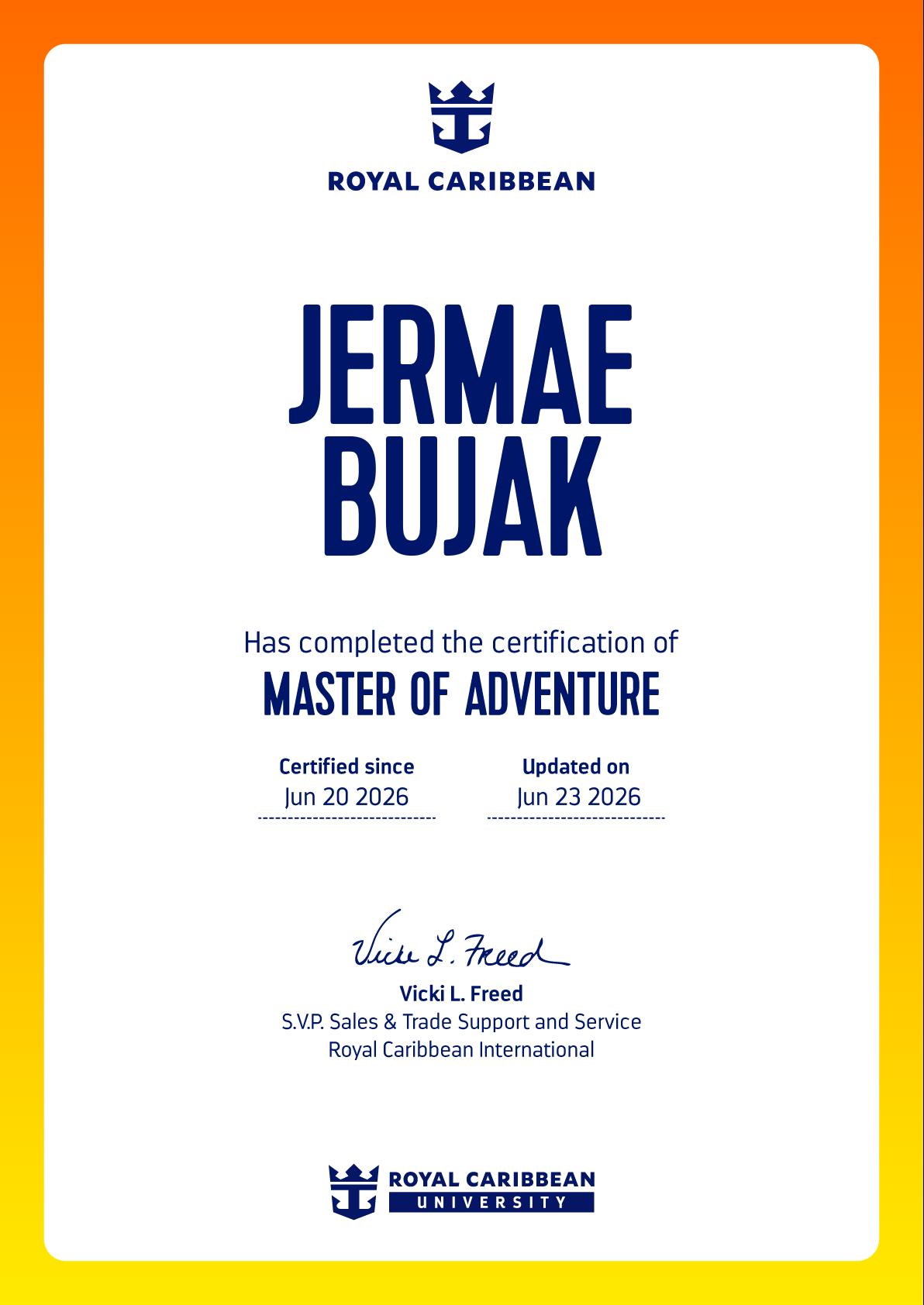 Royal Caribbean Master of Adventure certification for Jermae Bujak