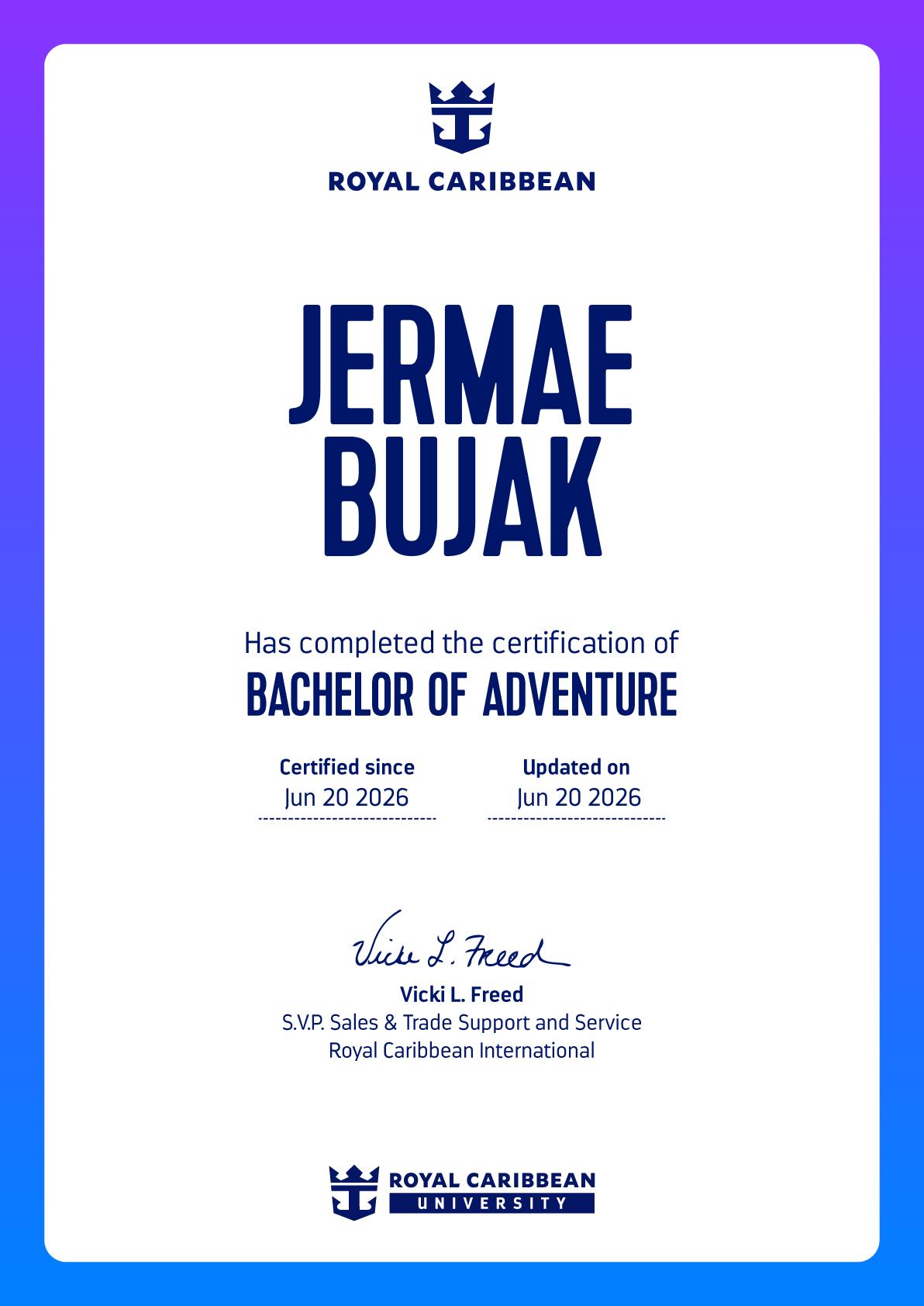 Royal Caribbean certification for Jermae Bujak