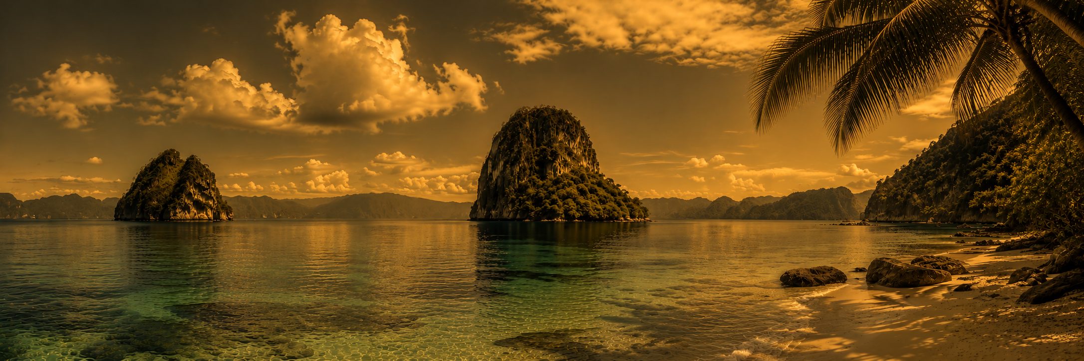 Tropical island lagoon at sunset with limestone cliffs and palm trees